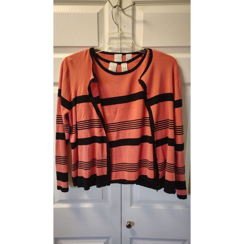 Emma James 2-Piece Cardigan Sweater Set Coral Salmon Black Stripes XL